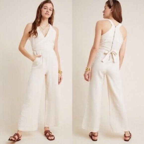 Anthropologie Aren Halterneck Jumpsuit Cream Size 2 Crossover - Picture 1 of 12